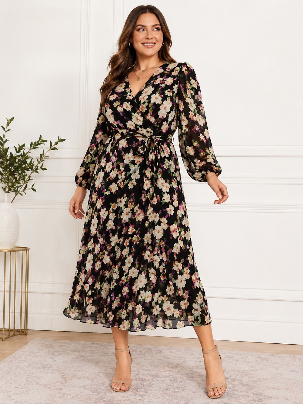 NWT Vince Camuto 1X Floral Faux Wrap Midi Dress Fully Lined Tie Waist
